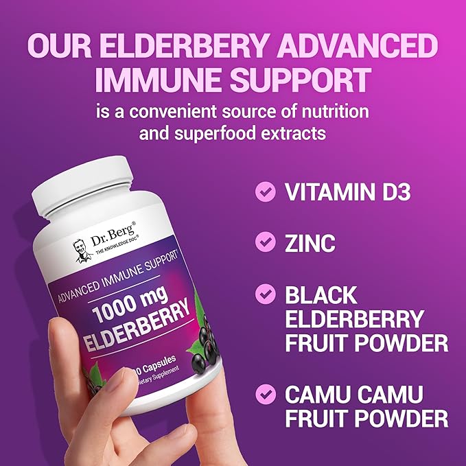 Dr. Berg Black Elderberry Capsules (Advanced Immune Support*) with 15,000 IU Vitamin D, 60 mg of Zinc, & 90 mg of Camu Camu - (4-in-1) Sambucus Elderberry Immune Support Supplement - 90 Capsules
