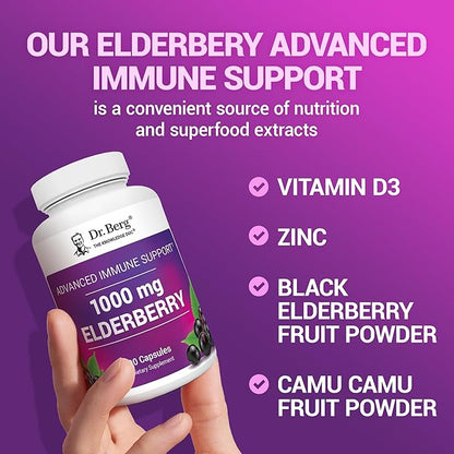 Dr. Berg Black Elderberry Capsules (Advanced Immune Support*) with 15,000 IU Vitamin D, 60 mg of Zinc, & 90 mg of Camu Camu - (4-in-1) Sambucus Elderberry Immune Support Supplement - 90 Capsules