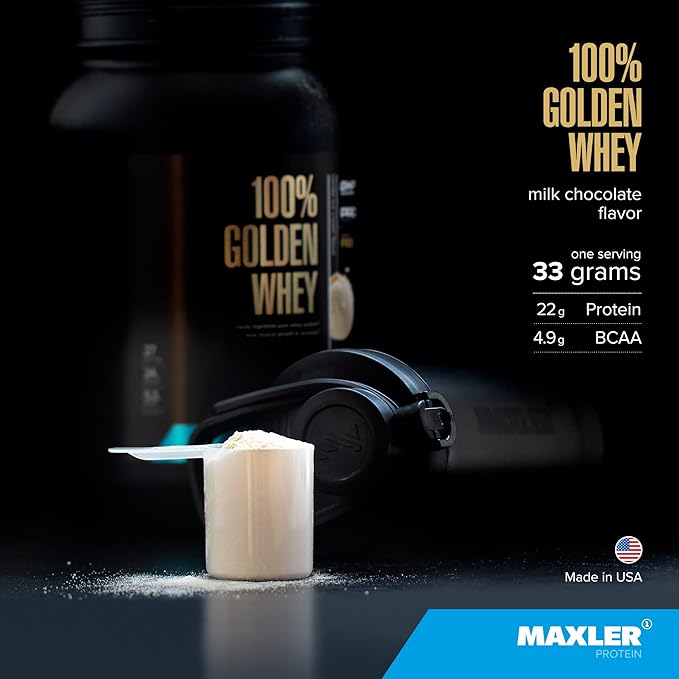 Maxler 100% Golden Whey Protein - 22g Protein per Serving - Premium Whey Protein Powder for Pre Post Workout - Fast-Absorbing Whey Concentrate Isolate & Hydrolysate Blend - Milk Chocolate Protein 2 lb