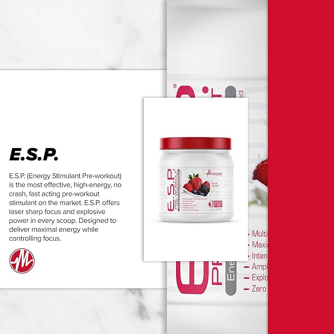 Metabolic Nutrition | ESP - Stimulating Pre Workout, Pre Intra Workout Supplement | Energy & Endurance Stimulating | Natural, Safe & Mental Focus | Blue Raspberry, 300 Grams (90 Servings)