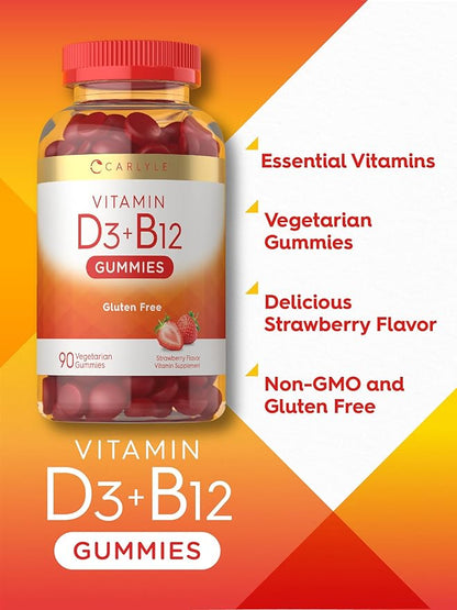 Carlyle Vitamin D3 + B12 Complex Gummies | 90 Count | Vegetarian, Non-GMO, and Gluten Free Formula | Strawberry Flavor Supplement