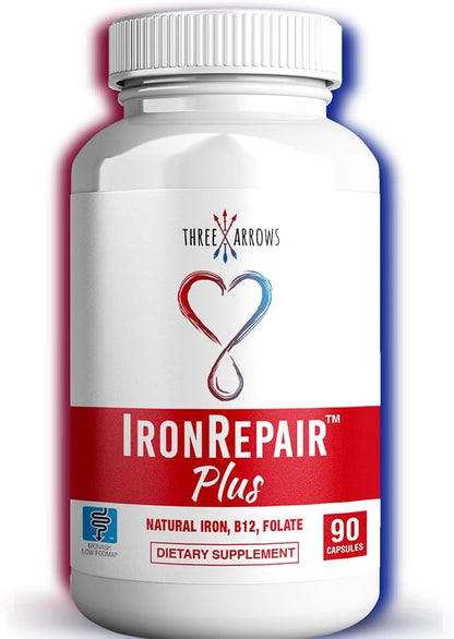 Iron Repair Plus Natural Iron Supplement, Best Absorption Gentle on Stomach, Monash Low FODMAP, Raise Hemoglobin & Ferritin for Women, Teens & Pregnancy Methylated B-12 & Folate, 90 Gelatin Capsules
