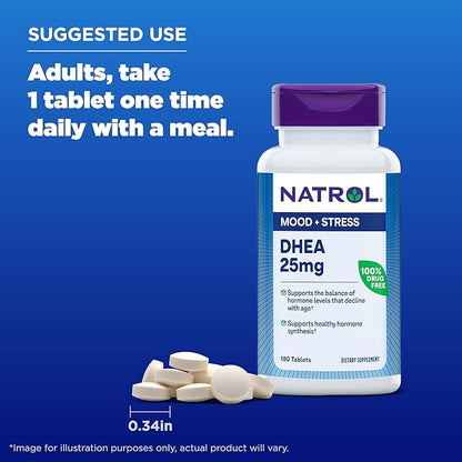Natrol Mood & Stress DHEA 25mg with Calcium, Dietary Supplement for Balance of Certain Hormone Level and Mood Support, 180 Tablets, 180 Day Supply (Pack of 12)