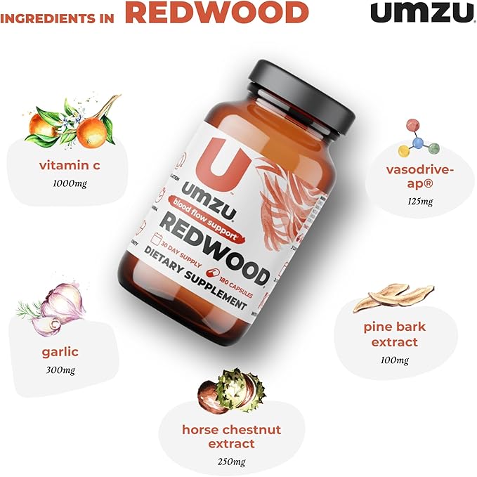 UMZU Redwood Blood Flow Nitric Oxide Supplement for Men & Women, Blood Pressure, Circulation, Stamina, Energy (30 Day Supply | 180 Capsules)