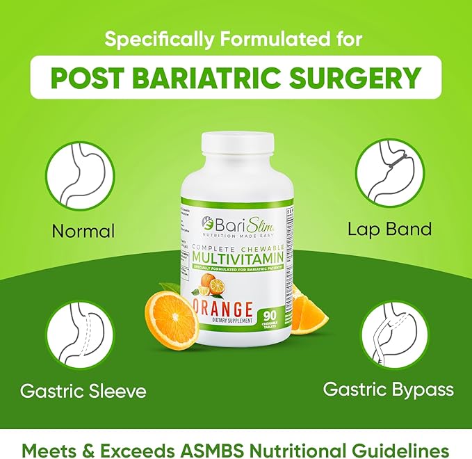 BariSlim Complete Chewable Bariatric Multivitamin Tablets - 45 mg Iron Bariatric Vitamin & Supplement for Post Bariatric Surgery Including Gastric Bypass & Sleeve - Delicious & Convenient | Orange