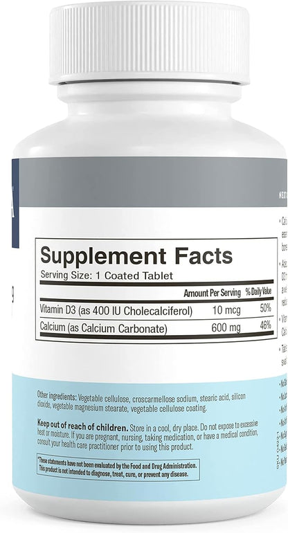 Freeda Calcium 600 mg Vitamin D3 400 IU Tablets - Bone Support Calcium Supplement plus Vitamin D for Absorption - Kosher, Gluten Free Easy To Swallow Coated Calcium D3 Tablets for Women & Men (100 Ct)