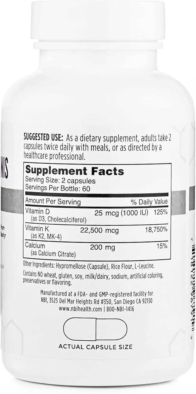NBI Osteo-K Bone Support - Mini | Vitamin D & K Complex with Calcium Citrate Supplement | 45mg Vitamin K2 (MK4) for Strong Bone Health & Function | 120ct Veggie Capsules