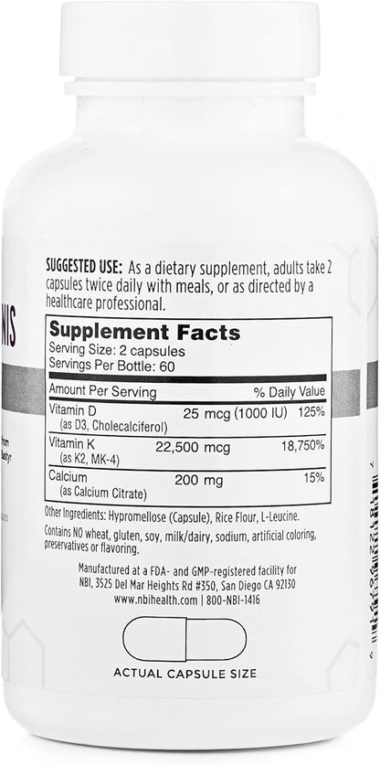 NBI Osteo-K Bone Support - Mini | Vitamin D & K Complex with Calcium Citrate Supplement | 45mg Vitamin K2 (MK4) for Strong Bone Health & Function | 120ct Veggie Capsules