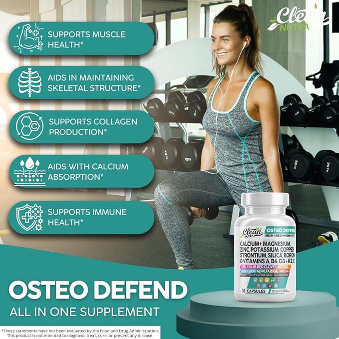 Calcium Magnesium Zinc Supplement with Potassium, Copper, Strontium, Silica, Vitamin D3 K2, Boron, Vitamin B1 B12 Red Clover Herb Alfalfa Basil Pills for Men and Women Clean Nutra Osteo Defend