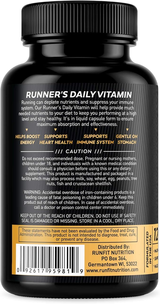 Runner's Daily Vitamin - Multivitamin for Runners - Boosts Energy & Endurance - Immune Support - Made from Real Foods & Gentle on Your Stomach - 120 Liquid-Filled Caps - 2 Month Supply!
