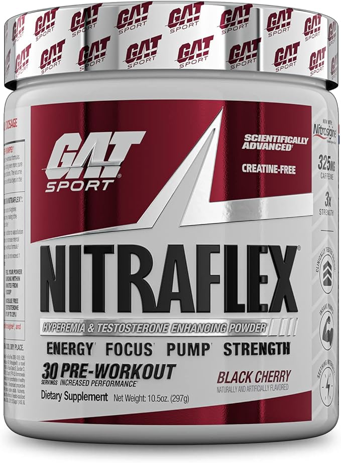 GAT SPORT Nitraflex Advanced Pre-Workout Powder, Increases Blood Flow, Boosts Strength and Energy, Improves Exercise Performance (Black Cherry, 30 Servings)