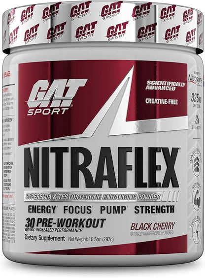 GAT SPORT Nitraflex Advanced Pre-Workout Powder, Increases Blood Flow, Boosts Strength and Energy, Improves Exercise Performance (Black Cherry, 30 Servings)