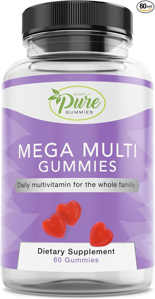 Pure By Nature Mega Multi Gummies, Natural Flavored Multi Vitamin Gummies for Women & Men, Dietary Supplement, Multivitamin for Men with Vitamins A, D2, C, E, K, Biotin, Folic Acid (60 Count)