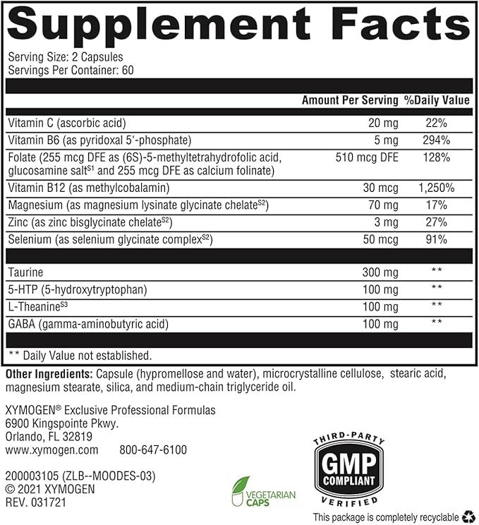 XYMOGEN Mood Food ES - Supports Calmness, Relaxation and a Healthy Mood with Active Folate, B Vitamins, 5-HTP, GABA, Minerals, Suntheanine L-Theanine, Selenium (120 Capsules)