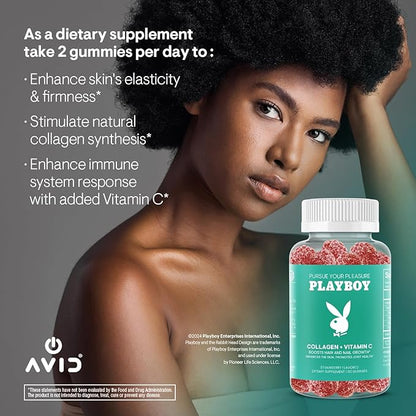 Playboy - Collagen + Vitamin C Gummies for Hair, Skin, Nails & Joint Health (60 Gummies) - Strawberry Flavored Vitamin C & Collagen Supplement for Women & Men - Non-GMO, Gluten Free, Nut Free Gummy