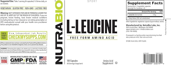 NutraBio 100% Pure L-Leucine - Muscle Recovery and Support - Naturally Fermented Free Form Amino Acid - Vegan, Non-GMO, Gluten Free - 400mg, 180 Capsules