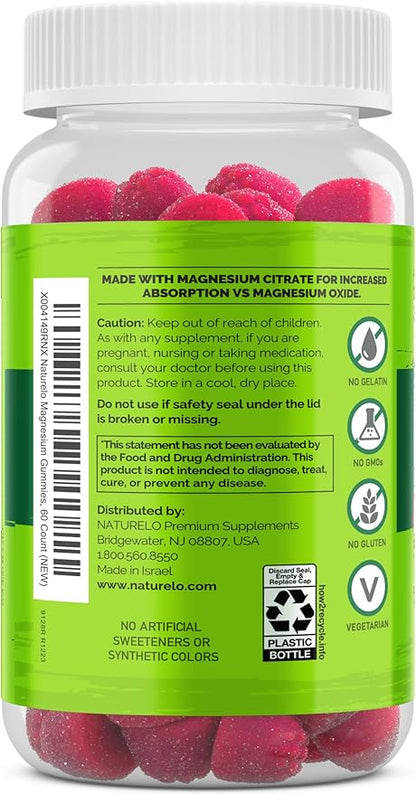 NATURELO Magnesium Citrate Gummies - for Calm & Relaxation Support, Natural Berry Magnesium Gummies, 60 Vegetarian Gummies