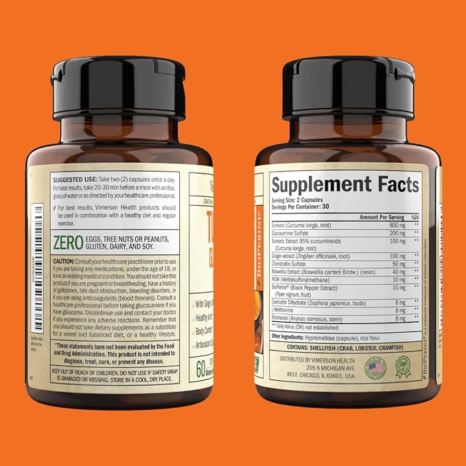 Turmeric & Glucosamine Chondroitin Joint Support Supplement for Women and Men. with Turmeric and Ginger, Boswellia, MSM, and Black Pepper (Bioperine) for Joint Health & Immune Support. 60 Capsules