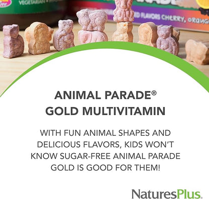 Natures Plus Animal Parade Source of Life Gold Children's Chewable Multivitamin - Assorted Cherry, Orange & Grape Flavors - 60 Chewable Tablets - Vegetarian, Gluten-Free - 30 Servings