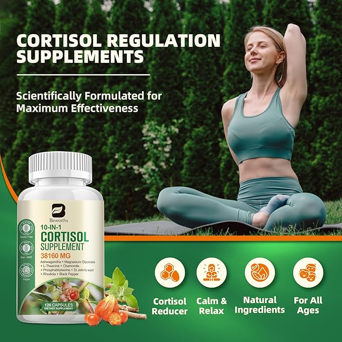 Cortisol Supplements for Women & Men, 10-In-1 Cortisol Supplement Lower Cortisol Corti Soothe Magnesium Ashwagandha with L-Theanine, Rhodiola, Cortisol Manager for Stress, Calm Zzz Support, Vegan 120