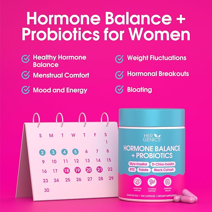Natural Hormone Balance for Women, PCOS Supplements w/ Probiotics - Myo-Inositol & D-Chiro Inositol & Black Cohosh w/ Folate & B12 - PCOS Supplements for Hormone Balance, Female Vitamins 120 Capsules