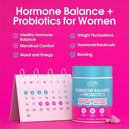 Natural Hormone Balance for Women, PCOS Supplements w/ Probiotics - Myo-Inositol & D-Chiro Inositol & Black Cohosh w/ Folate & B12 - PCOS Supplements for Hormone Balance, Female Vitamins 120 Capsules