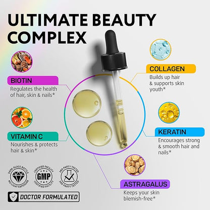 Liquid Biotin 5000mcg Drops – 80,000mcg Hair Growth Vitamins Complex with Astragalus, Collagen & Keratin | Made in the USA | Extra Strength Hair Skin and Nails Vitamins - Hair Vitamins for Women & Men