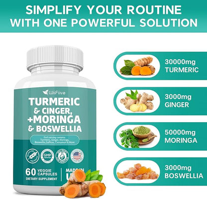 Turmeric Curcumin 30000mg Moringa 50000mg Boswellia 3000mg Cinger 3000mg Cinnamon Saffron Joint Support Supplement for Women and Men with Quercetin Holy Basil Garlic Nettle, 60 Capsules