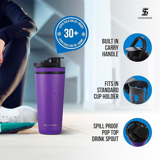Ice Shaker Insulated Stainless Steel Shaker Bottle | 26oz, Purple | Cold for 30+ Hours | Insulated Cup with Twist-on Agitator | Odor-Free Shaker Cup for Protein Shakes, Water, Smoothies, Cocktails