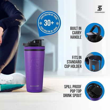 Ice Shaker Insulated Stainless Steel Shaker Bottle | 26oz, Purple | Cold for 30+ Hours | Insulated Cup with Twist-on Agitator | Odor-Free Shaker Cup for Protein Shakes, Water, Smoothies, Cocktails