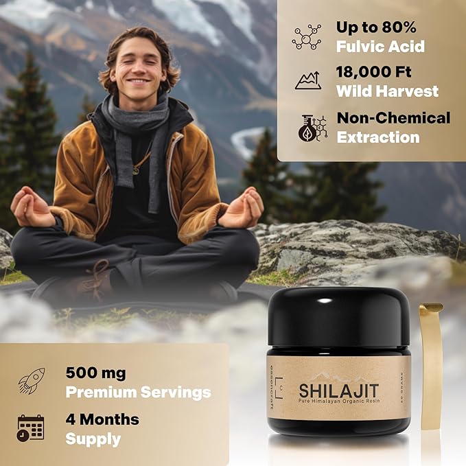 Pure Himalayan Organic Shilajit Resin - 500mg Max Potency, 85+ Trace Minerals, Humic & Fulvic Acid, Natural Shilajit Supplement for Immune Support, Energy & Cognitive Performance, 4 Month Supply, 60g