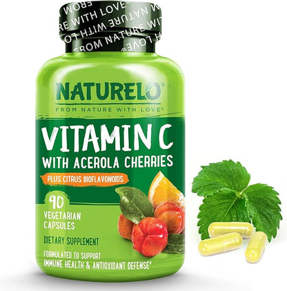 NATURELO Vitamin C with Organic Acerola Cherry Extract and Citrus Bioflavonoids - Vegan Supplement - Immune Support - 500 mg VIT C per Cap - Non-GMO - 90 Capsules