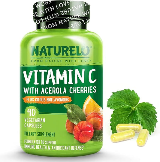 NATURELO Vitamin C with Organic Acerola Cherry Extract and Citrus Bioflavonoids - Vegan Supplement - Immune Support - 500 mg VIT C per Cap - Non-GMO - 90 Capsules
