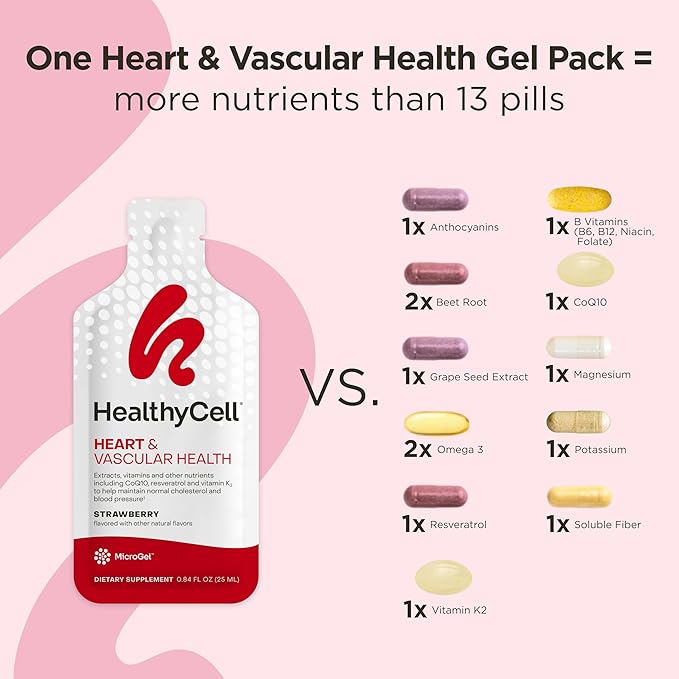 Healthycell Heart & Vascular Health - Heart Health Supplement with Resveratrol, Beet Powder, CoQ10, Omega-3 - Support Healthy Blood Pressure and Cholesterol Levels - Maximum Absorption - 30 Gel Packs