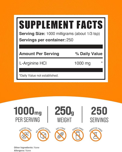 BulkSupplements.com L-Arginine HCl Powder - L-Arginine 1000mg, Arginine Supplement - Nitric Oxide Supplement, Nitric Oxide Powder - Pure & Gluten Free, 1000mg per Serving, 250g (8.8 oz)