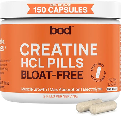 BOD Creatine Capsules HCL Pills for Muscle Support, Endurance, No Bloat, No Load, Monohydrate Micronized Alternative, Unflavored Creatine for Women and Men, Vegan, Keto, 150 Capsules, 75 Servings