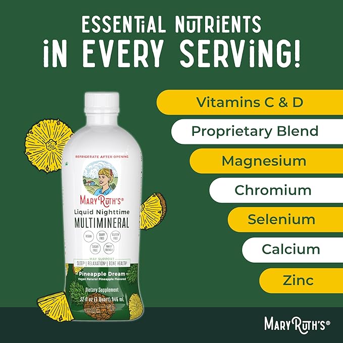 MaryRuth Organics Liquid Nighttime Multimineral Sleep Supplement | Sugar Free | Calm Magnesium Citrate | NO Melatonin | Calcium Magnesium Zinc | Pineapple Dream| Vegan | Gluten Free | 32 Servings