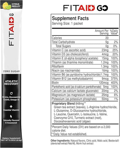 FITAID GO ZERO SUGAR Recovery Hydration Packet, W/ BCAAs, Glucosamine, Electrolytes, Omega-3s, 100% Clean, Keto-friendly, Vegan & Gluten-Free, 5 calories, Naturally Sweetened, 14 pack