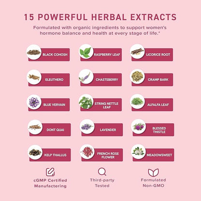 Hormone Balance Liquid Drops | With Black Cohosh, Stinging Nettle, Red Raspberry Leaf, Chasteberry & More | Menopause, Hot Flash, & PMS Relief Menstrual Herbal Support Tincture | Vegan Formula | 2oz