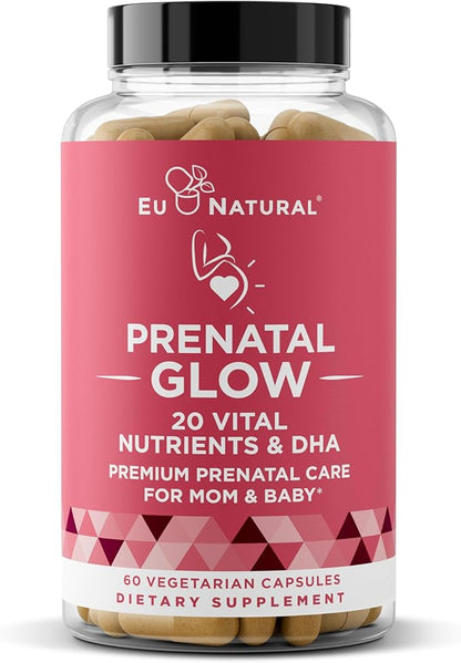 Glow Prenatal Vitamins for Women – 20-in-1 Vital Nutrients for Healthy Pregnancy and Fetal Development – Folic Acid & Vegan DHA For Baby's Growth & A Comfortable Pregnancy – 60 Nourishing Capsules