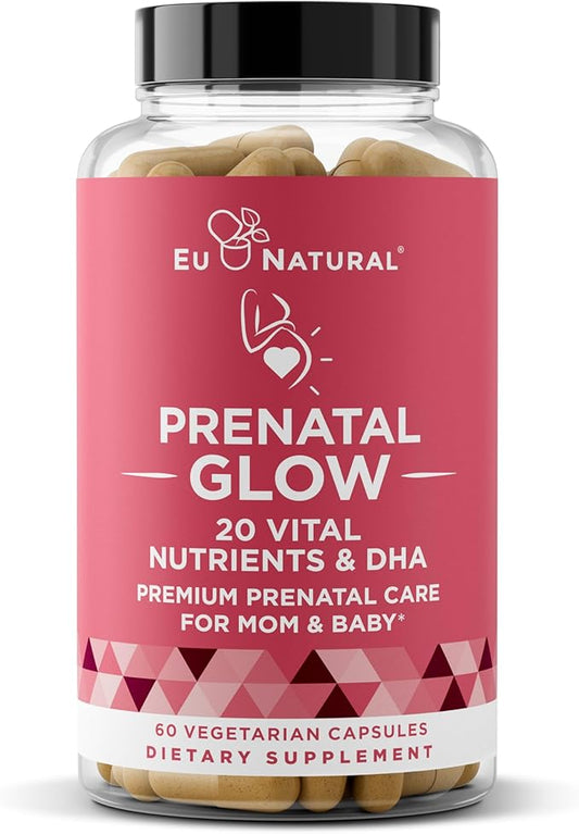 Glow Prenatal Vitamins for Women – 20-in-1 Vital Nutrients for Healthy Pregnancy and Fetal Development – Folic Acid & Vegan DHA For Baby's Growth & A Comfortable Pregnancy – 60 Nourishing Capsules