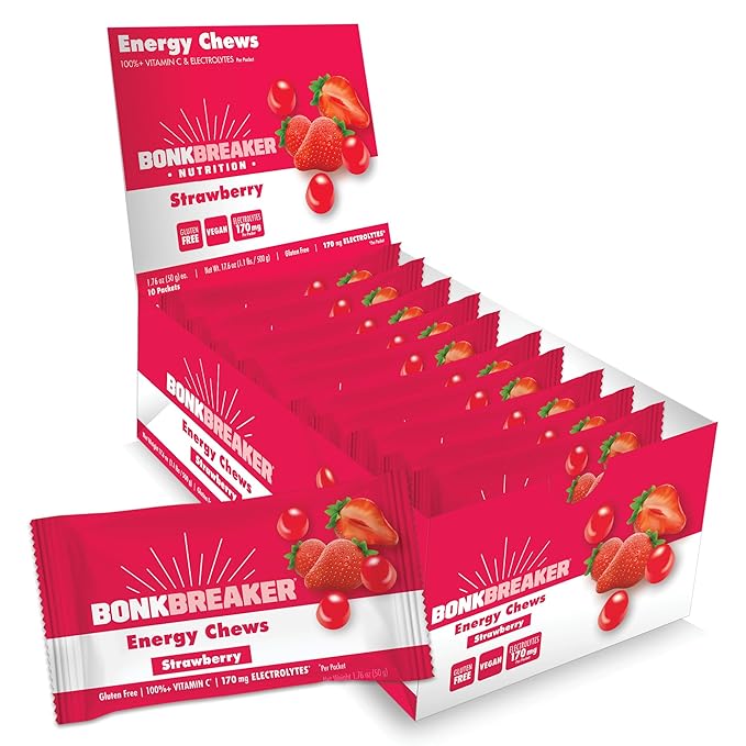 Bonk Breaker Energy Chews, Dairy-Free, Gluten-Free Ingredients to Provide Quick Energy and Focus, 1 Box of 10 Packets, Strawberry