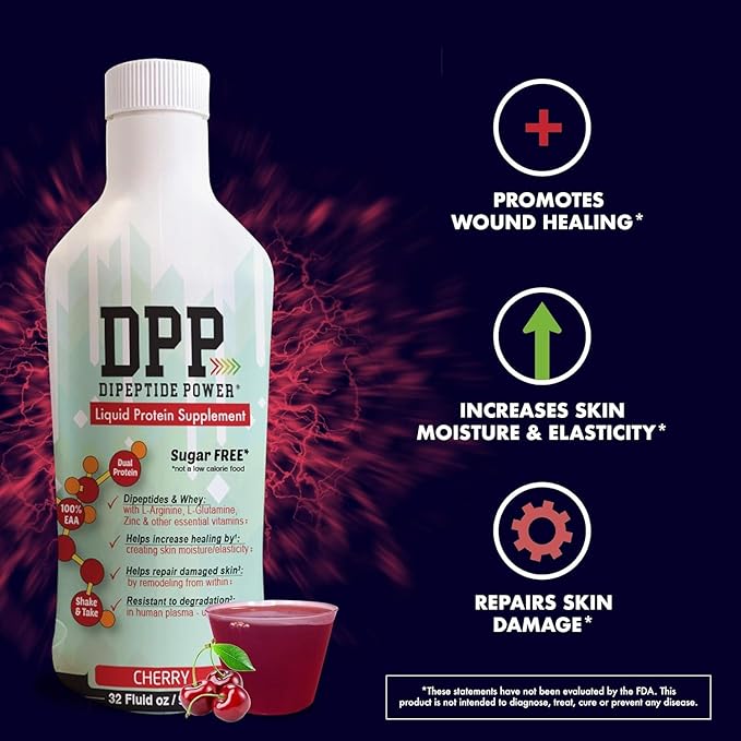 Nutritional Designs DPP Dipeptide, Wound-Healing Liquid Collagen & Whey Protein Supplement, Sugar-Free, Promotes Healthy Skin & Hair for Men & Women (Cherry, Bottle, 32 Fl Oz)