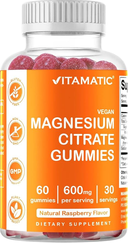 3 Pack - Vitamatic Magnesium Gummies 600mg per Serving - 60 Vegan Gummies - Promotes Healthy Relaxation, Muscle, Bone, & Energy Support