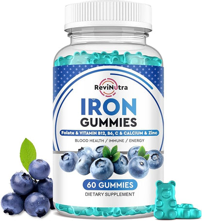 Iron Gummies - with Calcium, Zinc, Folate & Vitamin B12, C,B6 for Adults & Kids - Blood Builder & Energy Support for Iron Deficiency, Anemia, Vegan - Blueberry Flavor, 60 Gummies