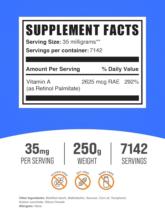 BulkSupplements.com Vitamin A Palmitate Powder - as Retinol Palmitate, Vitamin A Supplement for Immune & Eye Support - Gluten Free, 35mg per Serving, 250g (8.8 oz) (Pack of 1)