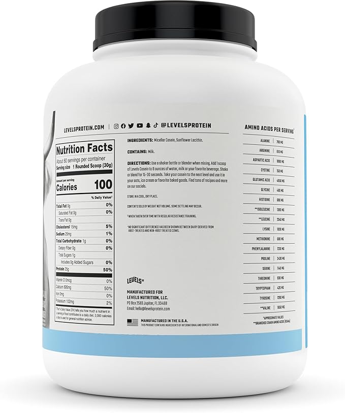 Levels 100% Micellar Casein Protein, No Hormones, Unflavored, 4LB