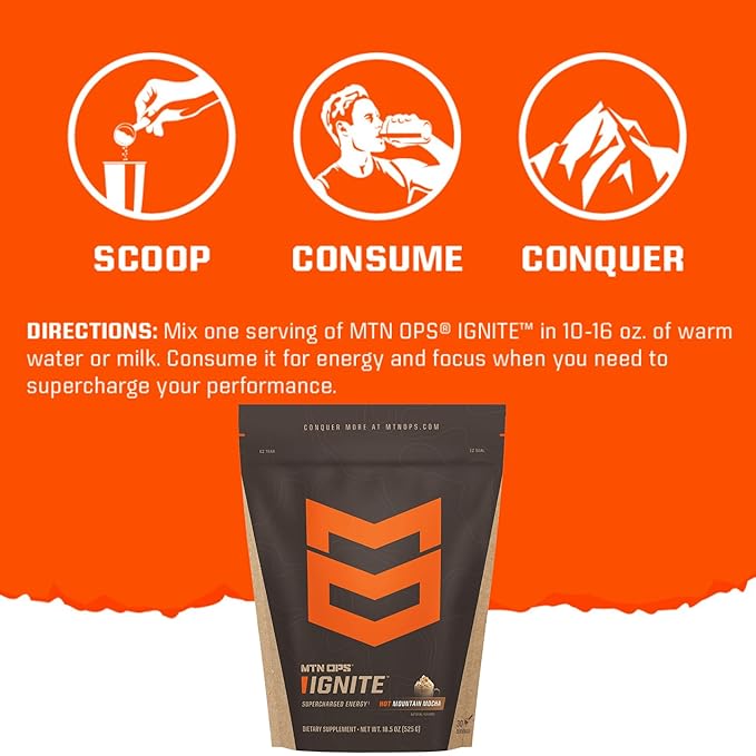 MTN OPS Hot Ignite Supercharged Energy Drink Mix Focus Enhancer, Apple Cider, Bag (30 Servings)
