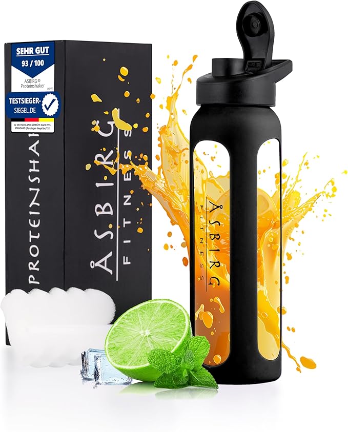 Fitness | Protein Shaker Made of Glass | Protein Shaker | Drinking Bottle | with Spiral Ball | Black