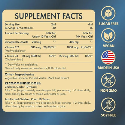 Zeolite Detox for Kids and Adults, Premium Zeolite Clinoptilolite Liquid with Methyl Vitamin B12 & D3, Gentle Heavy Metal Detox for Kids, Energy, and Focus, Monk Fruit Flavor, 4 Fl Oz